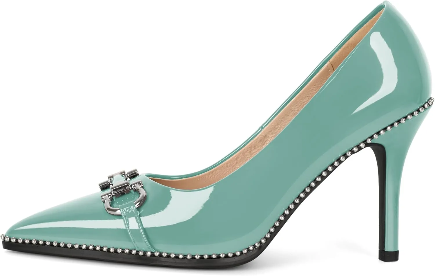 Soireelady Womens High Heel Beaded Pumps Closed Pointed Toe Stiletto Heels Buckle Bow Slip On Fashion Dress Shoes Patent 3.5 Inch