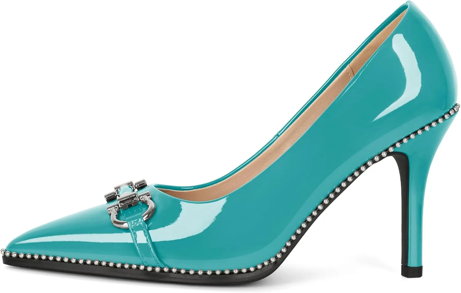 Soireelady Womens High Heel Beaded Pumps Closed Pointed Toe Stiletto Heels Buckle Bow Slip On Fashion Dress Shoes Patent 3.5 Inch