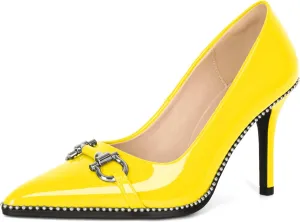 Soireelady Womens High Heel Beaded Pumps Closed Pointed Toe Stiletto Heels Buckle Bow Slip On Fashion Dress Shoes Patent 3.5 Inch