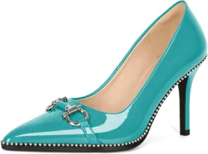 Soireelady Womens High Heel Beaded Pumps Closed Pointed Toe Stiletto Heels Buckle Bow Slip On Fashion Dress Shoes Patent 3.5 Inch