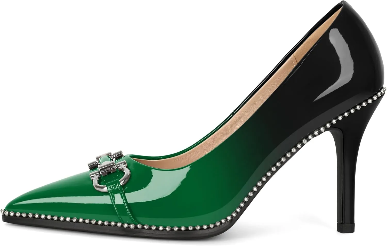 Soireelady Womens High Heel Beaded Pumps Closed Pointed Toe Stiletto Heels Buckle Bow Slip On Fashion Dress Shoes Patent 3.5 Inch