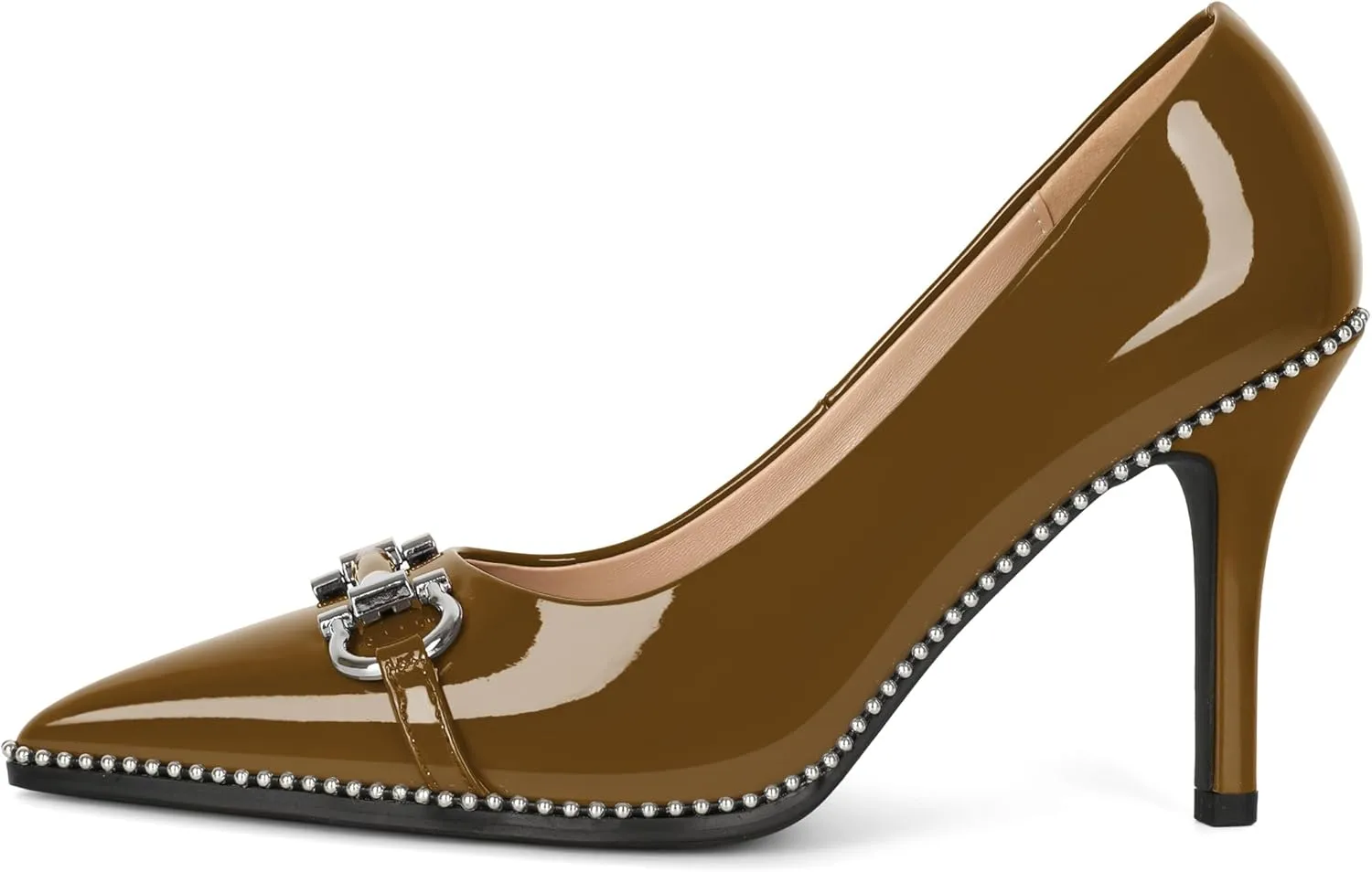 Soireelady Womens High Heel Beaded Pumps Closed Pointed Toe Stiletto Heels Buckle Bow Slip On Fashion Dress Shoes Patent 3.5 Inch