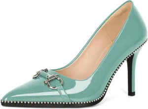 Soireelady Womens High Heel Beaded Pumps Closed Pointed Toe Stiletto Heels Buckle Bow Slip On Fashion Dress Shoes Patent 3.5 Inch