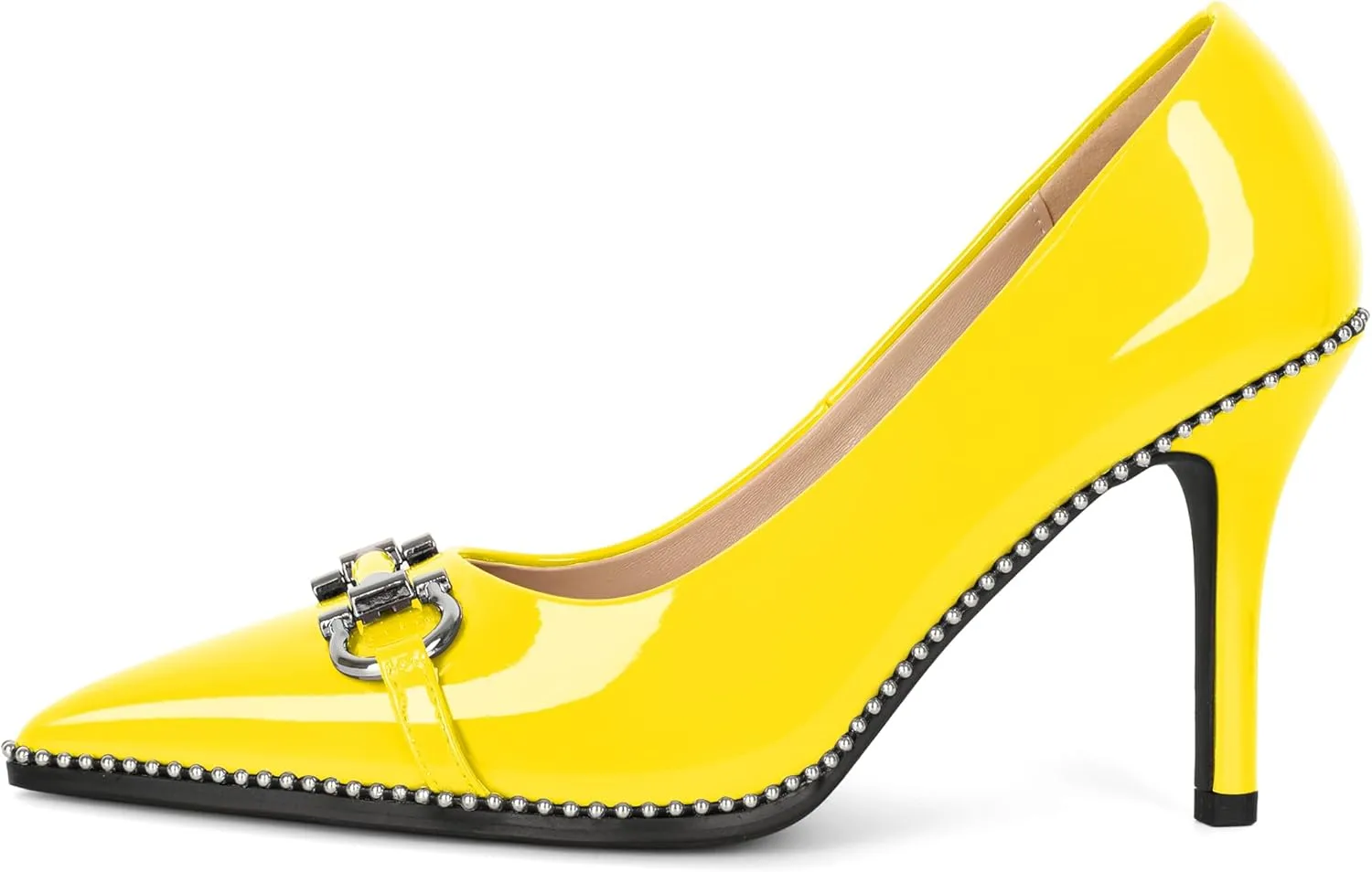 Soireelady Womens High Heel Beaded Pumps Closed Pointed Toe Stiletto Heels Buckle Bow Slip On Fashion Dress Shoes Patent 3.5 Inch