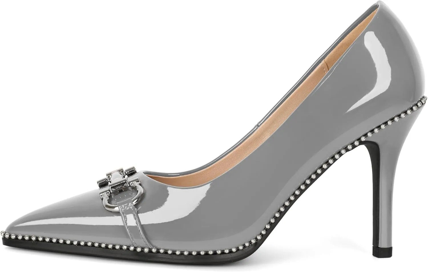 Soireelady Womens High Heel Beaded Pumps Closed Pointed Toe Stiletto Heels Buckle Bow Slip On Fashion Dress Shoes Patent 3.5 Inch