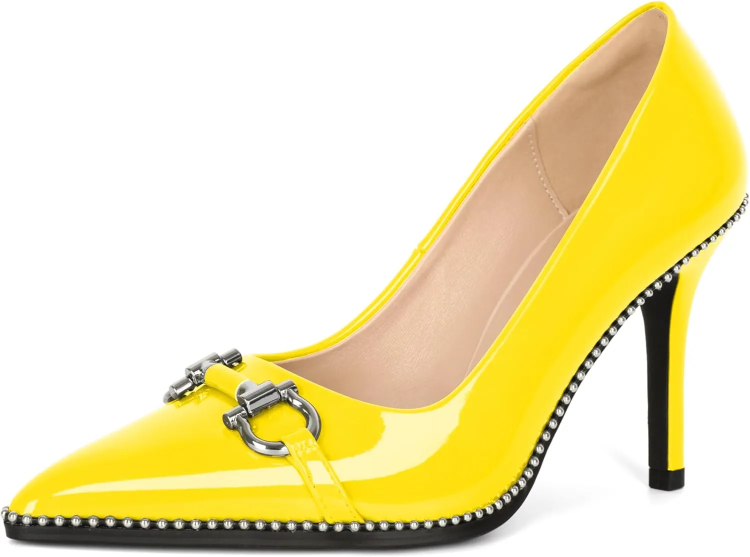Soireelady Womens High Heel Beaded Pumps Closed Pointed Toe Stiletto Heels Buckle Bow Slip On Fashion Dress Shoes Patent 3.5 Inch