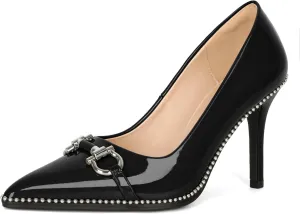 Soireelady Womens High Heel Beaded Pumps Closed Pointed Toe Stiletto Heels Buckle Bow Slip On Fashion Dress Shoes Patent 3.5 Inch