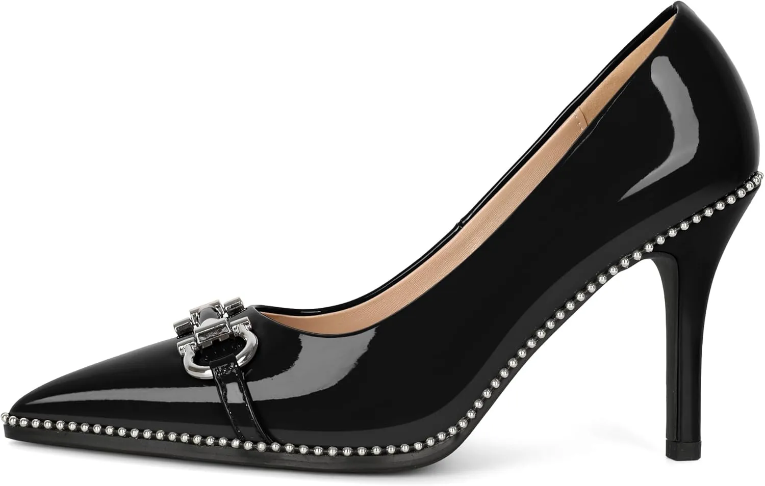 Soireelady Womens High Heel Beaded Pumps Closed Pointed Toe Stiletto Heels Buckle Bow Slip On Fashion Dress Shoes Patent 3.5 Inch