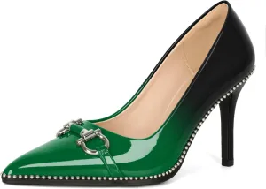 Soireelady Womens High Heel Beaded Pumps Closed Pointed Toe Stiletto Heels Buckle Bow Slip On Fashion Dress Shoes Patent 3.5 Inch