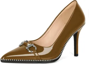 Soireelady Womens High Heel Beaded Pumps Closed Pointed Toe Stiletto Heels Buckle Bow Slip On Fashion Dress Shoes Patent 3.5 Inch