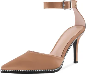 Soireelady Womens High Heels Beaded Pumps Stiletto Ankle Strap Heels Pointed Toe D'Orsay Heel Dress Shoes Satin 3.5 Inch