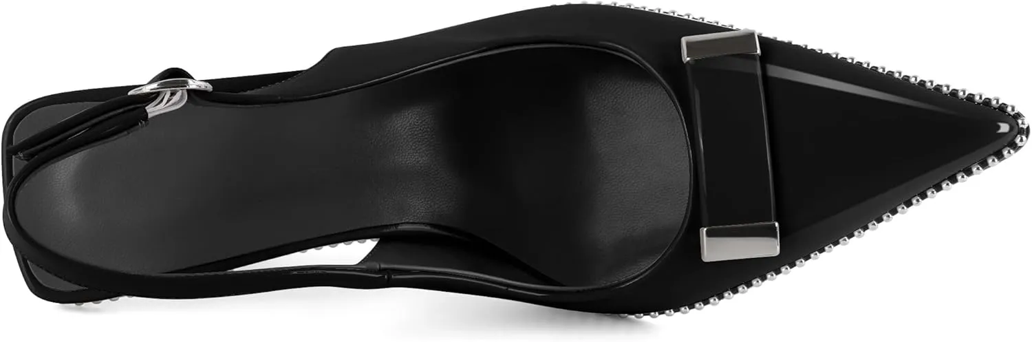 Soireelady Womens Slingback Heels Pointed Toe Stiletto High Heels Beaded Pumps Backless Stretch Metal Buckle 4 Inch Dress Shoes