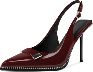 Soireelady Womens Slingback Heels Pointed Toe Stiletto High Heels Beaded Pumps Backless Stretch Metal Buckle 4 Inch Dress Shoes