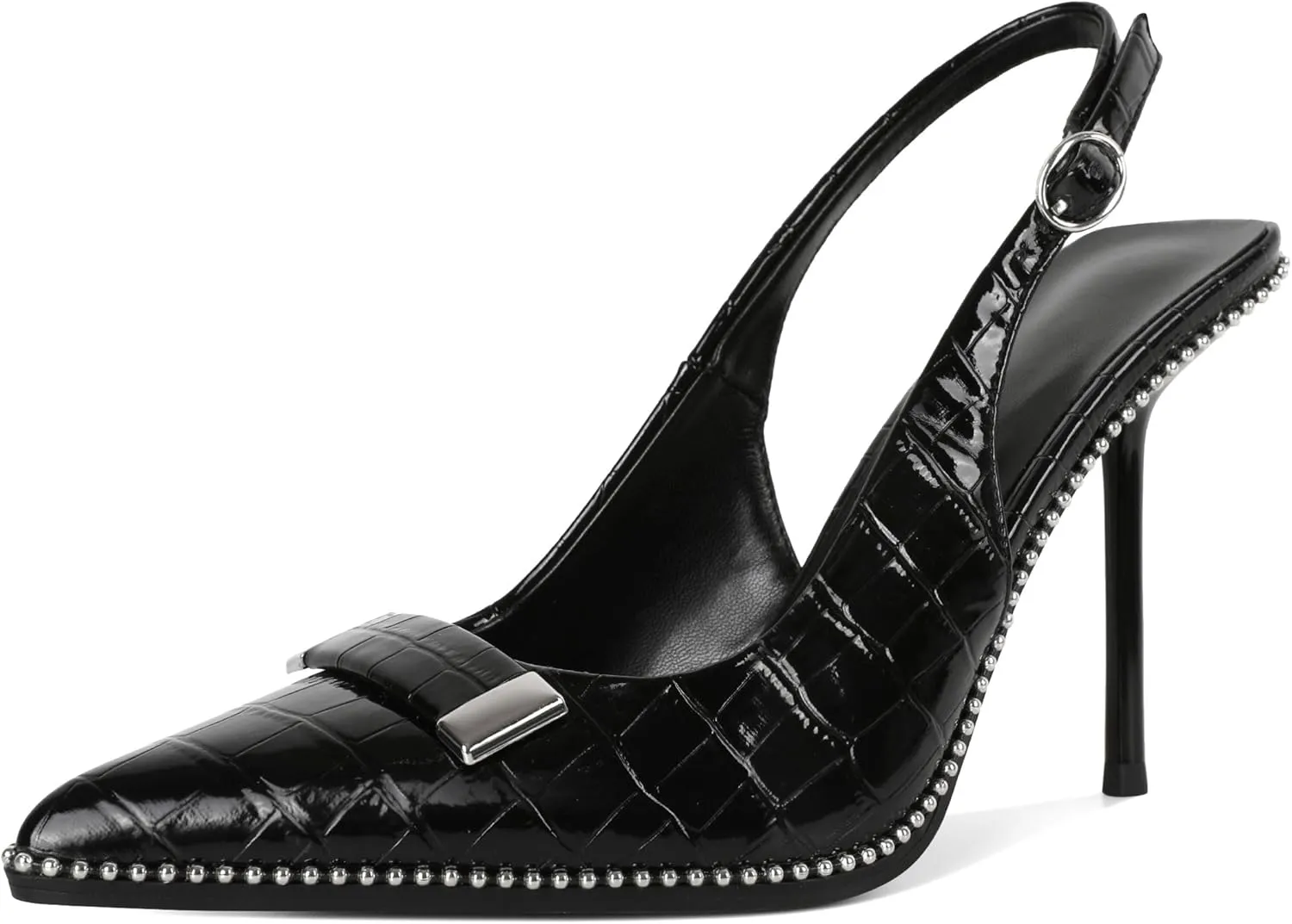 Soireelady Womens Slingback Heels Pointed Toe Stiletto High Heels Beaded Pumps Backless Stretch Metal Buckle 4 Inch Dress Shoes