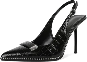 Soireelady Womens Slingback Heels Pointed Toe Stiletto High Heels Beaded Pumps Backless Stretch Metal Buckle 4 Inch Dress Shoes