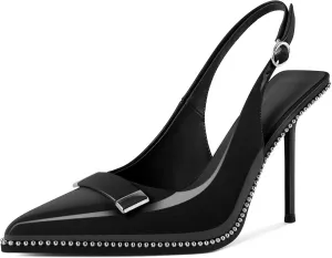 Soireelady Womens Slingback Heels Pointed Toe Stiletto High Heels Beaded Pumps Backless Stretch Metal Buckle 4 Inch Dress Shoes