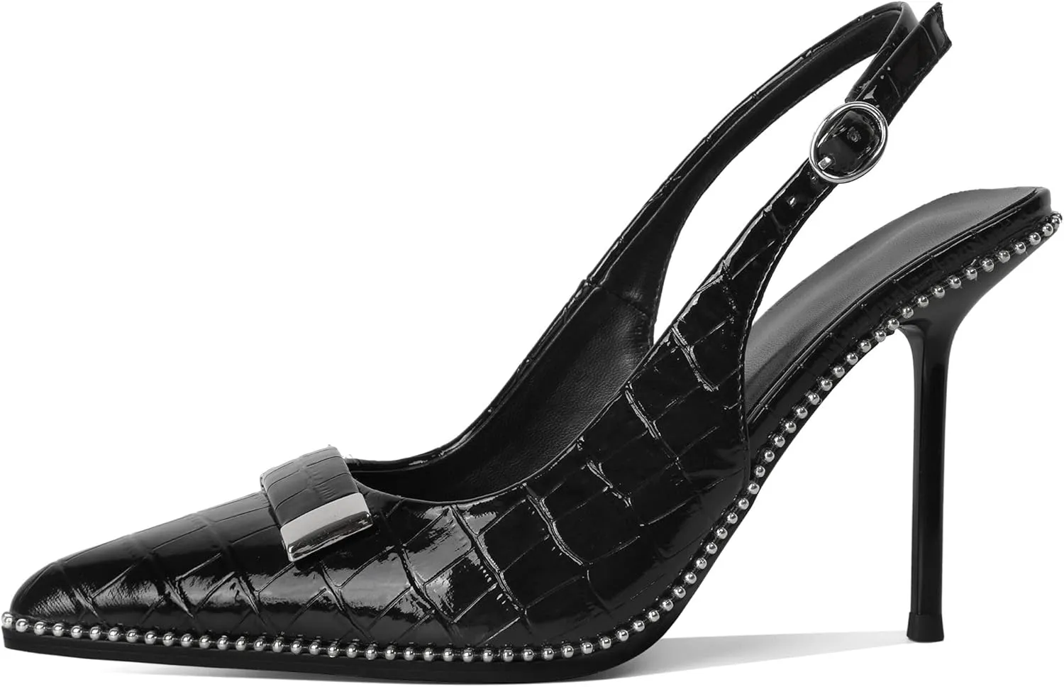 Soireelady Womens Slingback Heels Pointed Toe Stiletto High Heels Beaded Pumps Backless Stretch Metal Buckle 4 Inch Dress Shoes