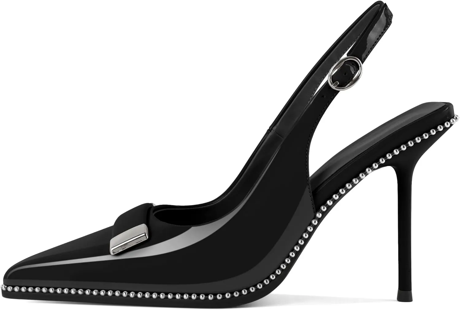 Soireelady Womens Slingback Heels Pointed Toe Stiletto High Heels Beaded Pumps Backless Stretch Metal Buckle 4 Inch Dress Shoes