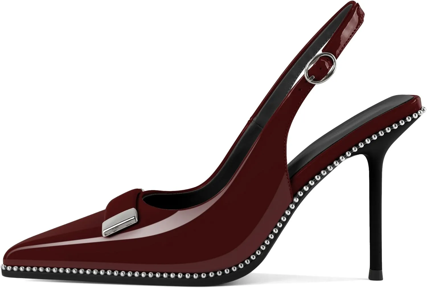Soireelady Womens Slingback Heels Pointed Toe Stiletto High Heels Beaded Pumps Backless Stretch Metal Buckle 4 Inch Dress Shoes