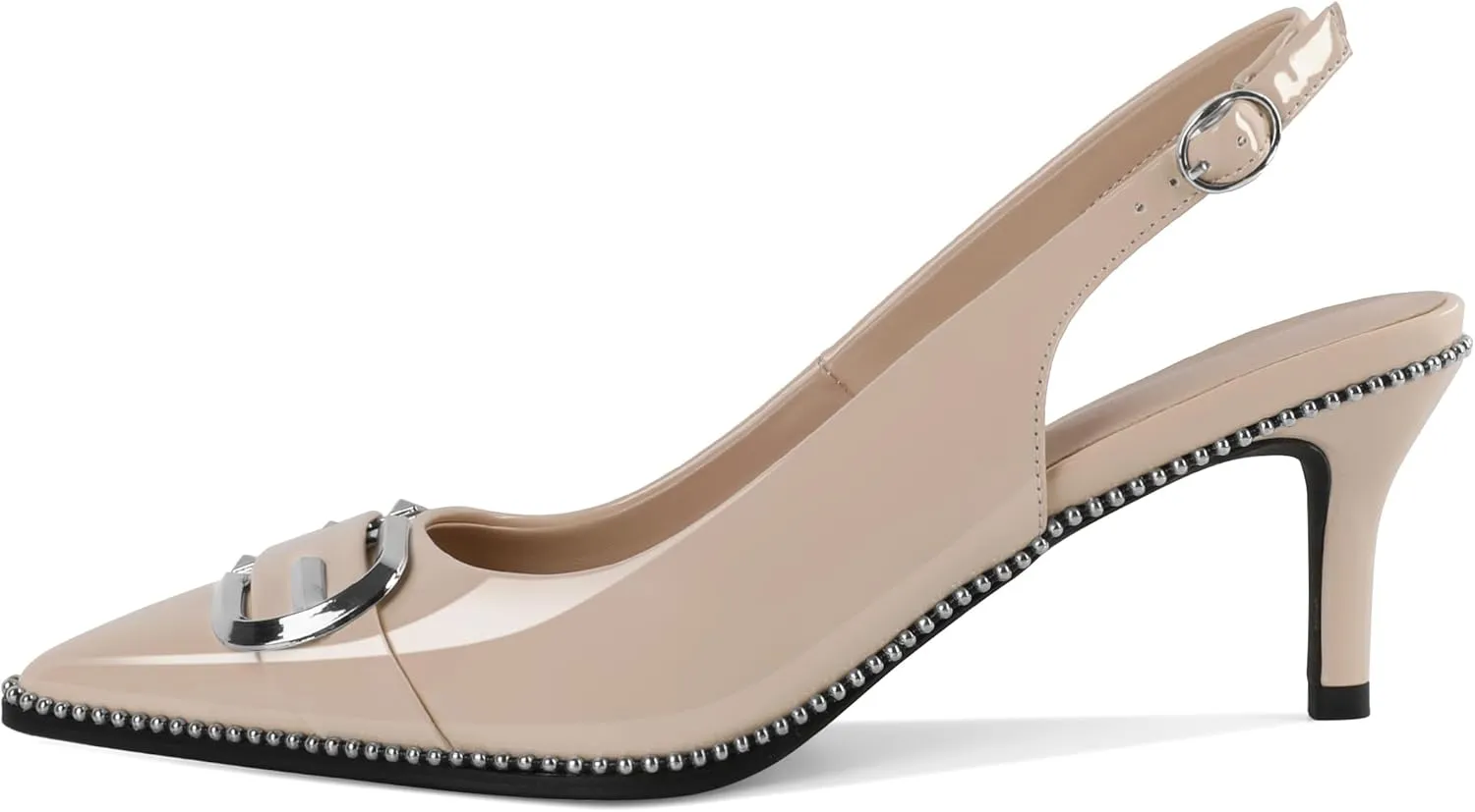 Soireelady Womens Slingback Kitten Heels Low Heel Beaded Pumps Pointed Toe Silver Buckle Fashion Dress Shoes 2.5 Inch