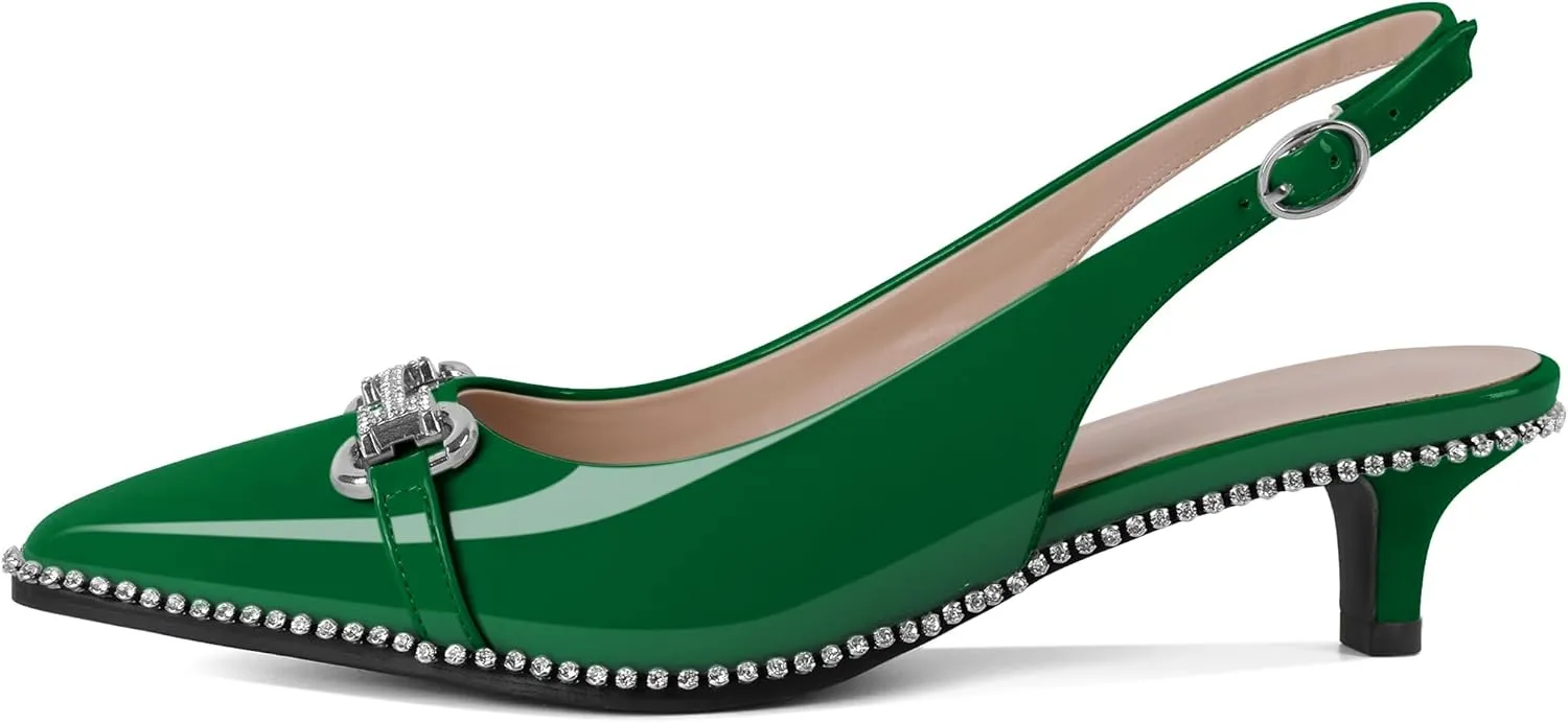 Soireelady Womens Slingback Kitten Heels Low Heel Rhinestones Beaded Pumps Closed Pointed Toe Slip On Party Fashion Dress Shoes 1.5 Inches