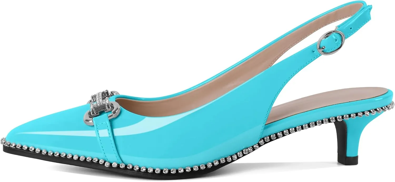 Soireelady Womens Slingback Kitten Heels Low Heel Rhinestones Beaded Pumps Closed Pointed Toe Slip On Party Fashion Dress Shoes 1.5 Inches
