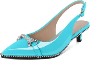 Soireelady Womens Slingback Kitten Heels Low Heel Rhinestones Beaded Pumps Closed Pointed Toe Slip On Party Fashion Dress Shoes 1.5 Inches