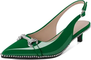 Soireelady Womens Slingback Kitten Heels Low Heel Rhinestones Beaded Pumps Closed Pointed Toe Slip On Party Fashion Dress Shoes 1.5 Inches