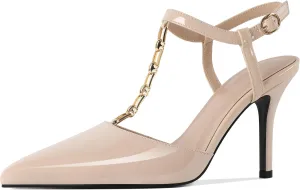 Soireelady Womens T-Strap Slingback Heels High Stiletto Heel Pumps with Chain Pointed Toe Ankle Strap Sexy Party Shoes