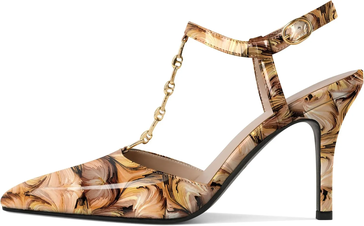 Soireelady Womens T-Strap Slingback Heels High Stiletto Heel Pumps with Chain Pointed Toe Ankle Strap Sexy Party Shoes
