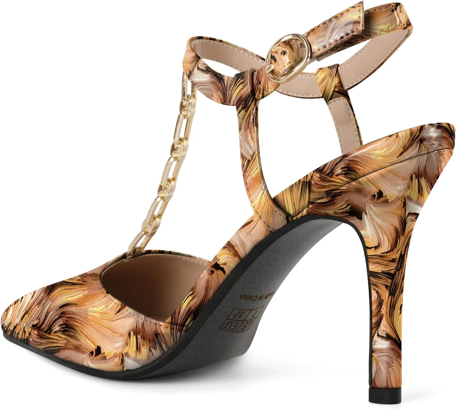 Soireelady Womens T-Strap Slingback Heels High Stiletto Heel Pumps with Chain Pointed Toe Ankle Strap Sexy Party Shoes