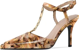 Soireelady Womens T-Strap Slingback Heels High Stiletto Heel Pumps with Chain Pointed Toe Ankle Strap Sexy Party Shoes