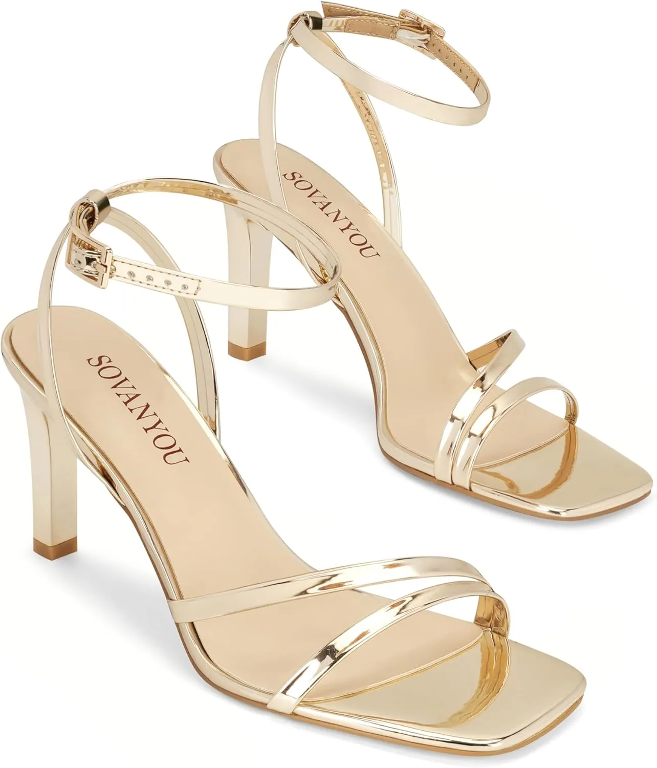 SOVANYOU Heeled Sandals for Women Dressy Square Open Toe Strappy High Heels with Ankle Strap for Wedding Party Daily Wear