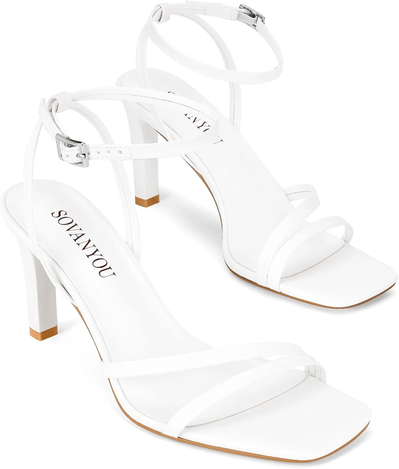 SOVANYOU Heeled Sandals for Women Dressy Square Open Toe Strappy High Heels with Ankle Strap for Wedding Party Daily Wear