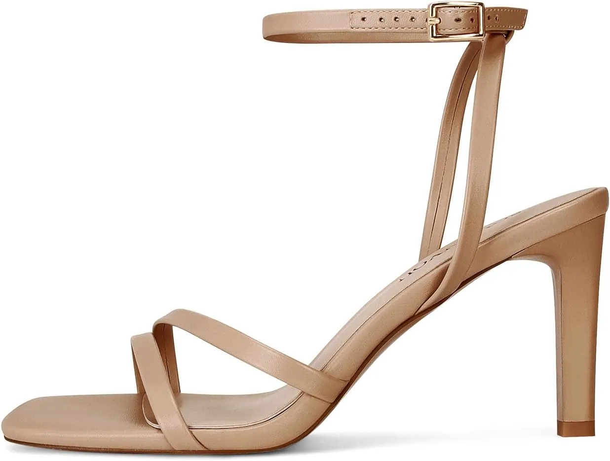 SOVANYOU Heeled Sandals for Women Dressy Square Open Toe Strappy High Heels with Ankle Strap for Wedding Party Daily Wear