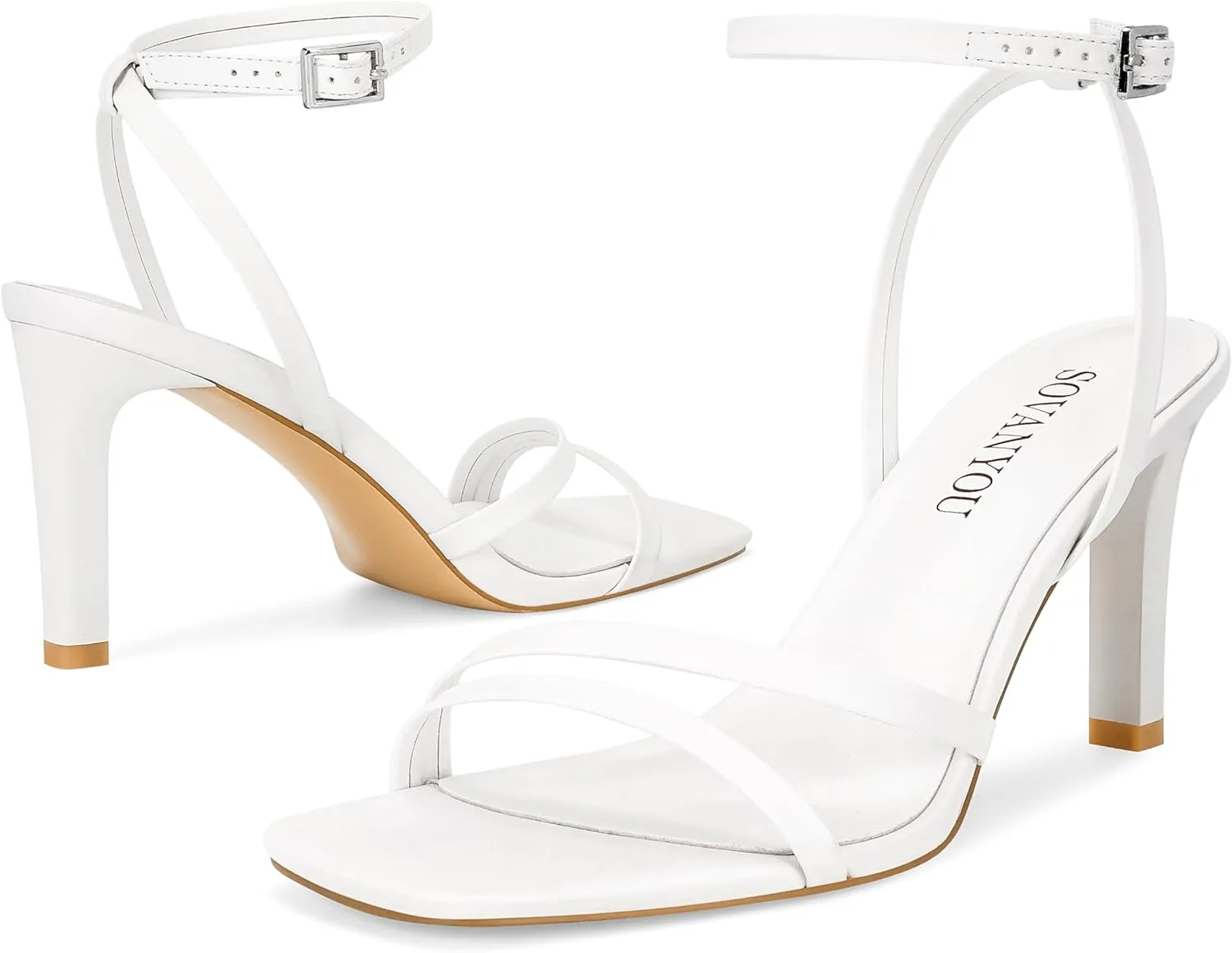 SOVANYOU Heeled Sandals for Women Dressy Square Open Toe Strappy High Heels with Ankle Strap for Wedding Party Daily Wear