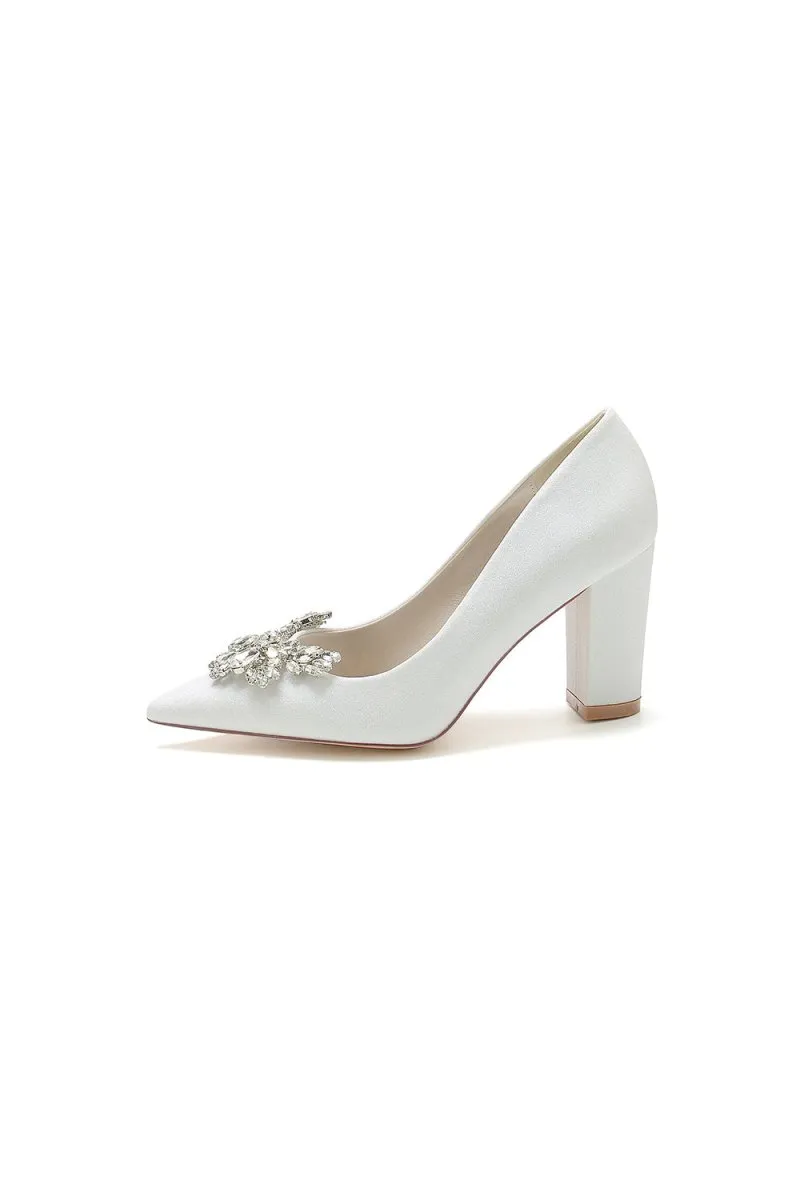 Sparkle Pointed Toe Glitter Chunky Heels With Rhinestone
