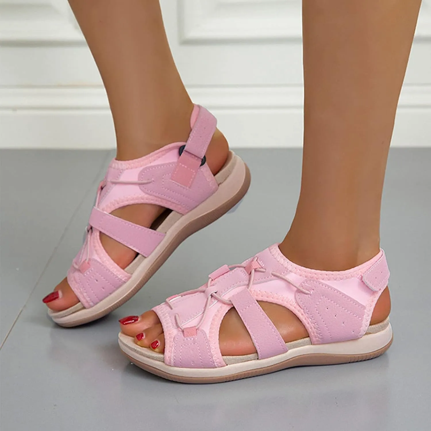 Sport Sandals with Stitching Women's Casual Cutout Open Toe Flat Sandal Adjustable Strap Comfortable Outdoor Footwear