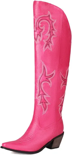 Stacked Heel Embroide Cowboy Boots Women