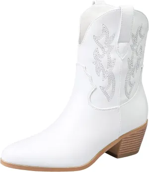 STALOV Women's Western Cowgirl Boots, Embroidered, Silver, Ankle-High, Pointed Toe, Pull-On, Block Heel, Casual, Spring, Fall, Cowboy, Horse Riding
