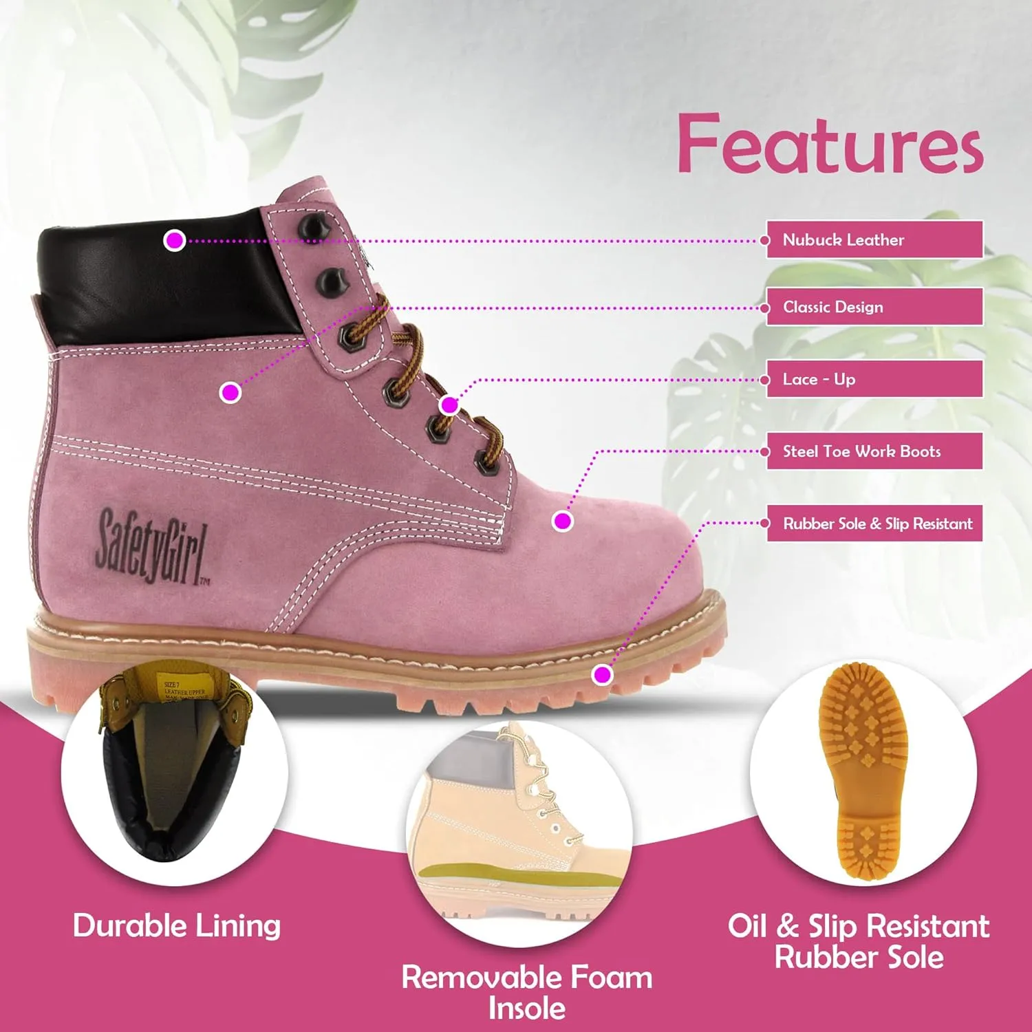 Steel Toe Boots for Women - Light Pink-10.5W | Waterproof Work Boots for Women Steel Toe Boots | Slip Resistant Work Shoes for Women | Lightweight Nubuck Leather for Comfort and Style