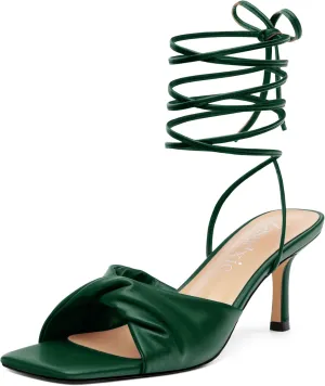 Strappy Heels for Women Lace Up Heels Tie Up Stiletto High Heeled Sandals Matte with Pleat Square Open Toe Heels for Prom Party 2.5 Inch