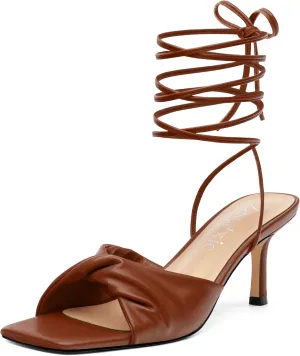 Strappy Heels for Women Lace Up Heels Tie Up Stiletto High Heeled Sandals Matte with Pleat Square Open Toe Heels for Prom Party 2.5 Inch