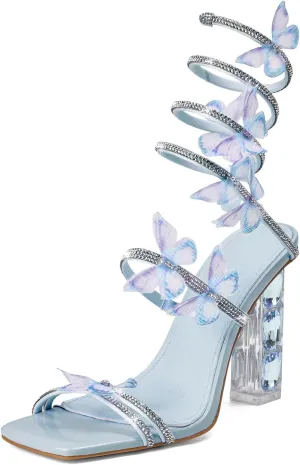Strappy Heels for Women Rhinestone Crystal High Block Heeled Sandals Square Open Toe Sparkly Dress Prom Heels Shoes for Party Wedding