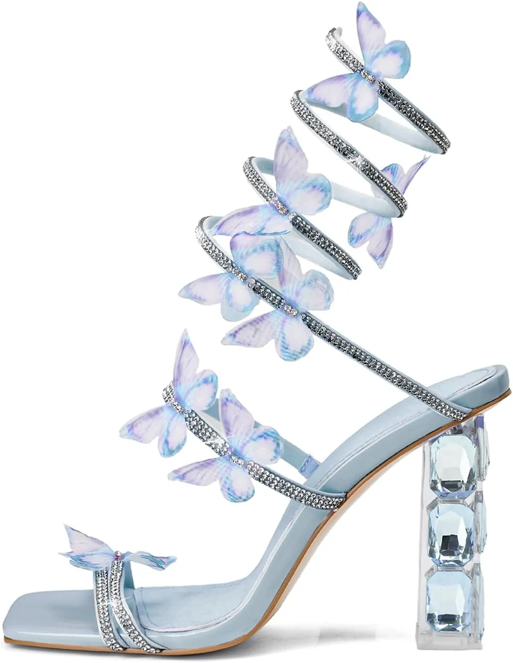 Strappy Heels for Women Rhinestone Crystal High Block Heeled Sandals Square Open Toe Sparkly Dress Prom Heels Shoes for Party Wedding