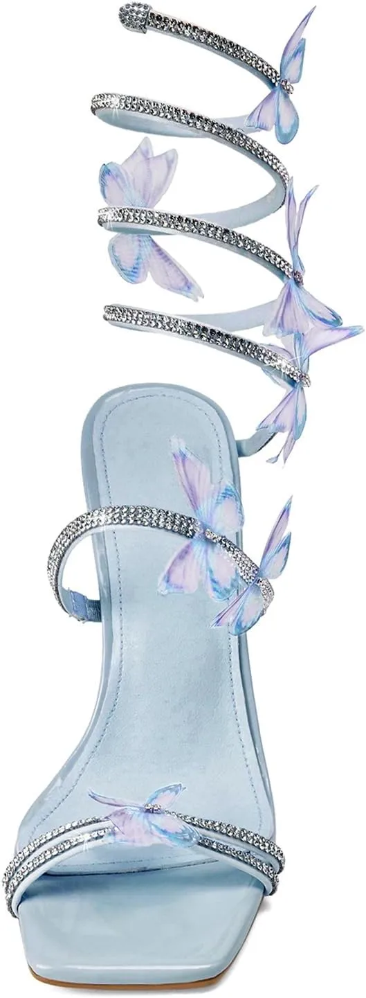 Strappy Heels for Women Rhinestone Crystal High Block Heeled Sandals Square Open Toe Sparkly Dress Prom Heels Shoes for Party Wedding