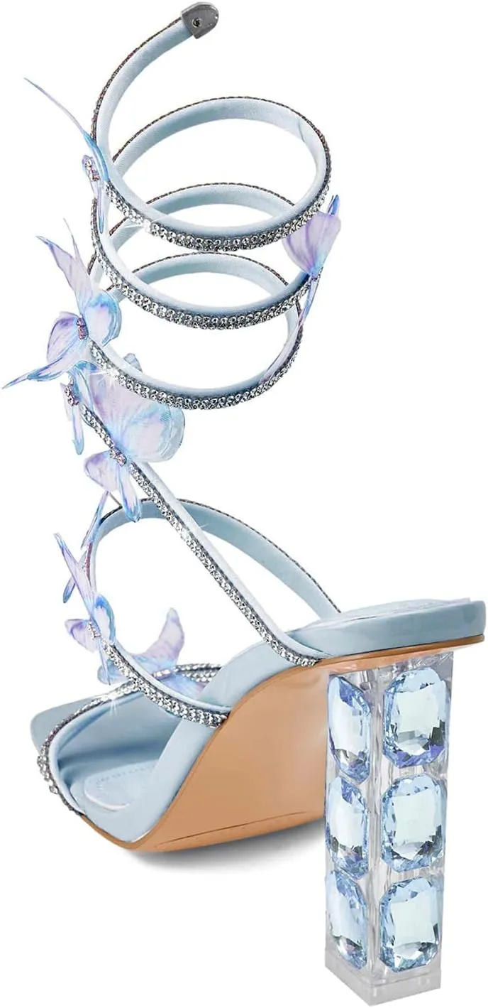 Strappy Heels for Women Rhinestone Crystal High Block Heeled Sandals Square Open Toe Sparkly Dress Prom Heels Shoes for Party Wedding