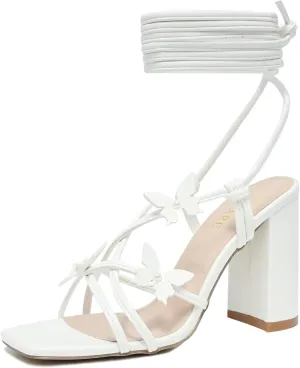 Strappy Heels for Women Sexy Lace Up Chunky High Heels Sandals Square Open Toe Heels with Bow White Black Gold Silver Tie Up Block Heels for Party, Prom, Evening
