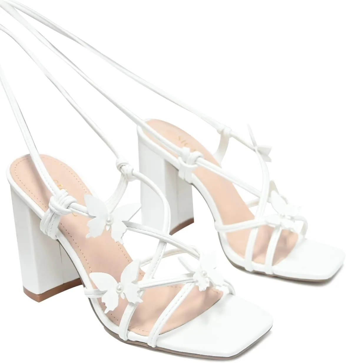 Strappy Heels for Women Sexy Lace Up Chunky High Heels Sandals Square Open Toe Heels with Bow White Black Gold Silver Tie Up Block Heels for Party, Prom, Evening