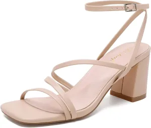 Strappy Heels for Women Square Toe Low Chunky Block Heels Dress Shoes Open Toe Heeled Sandals